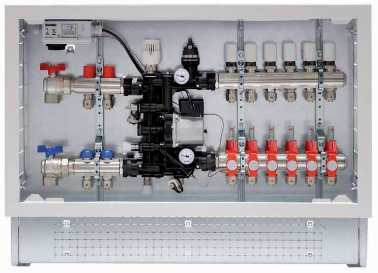 Pre-assembled regulation group (thermostatic or electronic actuator for RCE weather compensating or BEMS) and distribution, for low temperature heating systems and mixed systems with two temperature