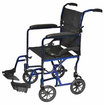 and sporting a weight capacity of 300 lb., the Steel Transport Wheelchair is available in 17 or 19 seat widths in a stylish silver vein finish.