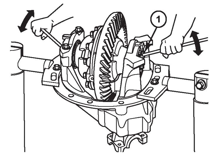 Insert two lever between the bearing adjusting rings and the ends of the differential case. Figure 4.24. The lever must not touch the differential bearings. B.