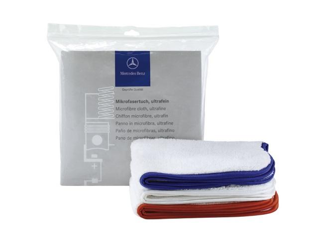 Mercedes-Benz genuine ultra-fine microfibre cloth Ultra-fine, ultra-soft and absorbent microfibre cloth(rounded corners and turned-in edges Removes polish and paint sealant residues gently and safely