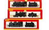 Tri-ang Hornby and early Hornby Caledonian Locomotive and Coaches, Hornby R553 Caledonian blue 4-2-2 and Tri-ang R427 and R428 Caledonian red and white coaches, all in original boxes, E, boxes G-VG
