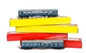 38. Hornby (China) 00 Gauge LMS blue Coronation coaches, R4127A, 4127C, 4128. 4128A (2) and 4128B, all in original boxes, E-M, all wrapped in tissue, boxes VG-E (6) 60-80 39.