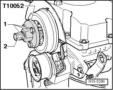 Tighten the puller -2- evenly to tension the hub until the hub loosens from the camshaft. Note Hold the valve stem removal tool with a 30 mm wrench. Remove the hub from the camshaft.