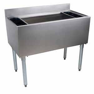 Clean Up Ice Bins STANDARD ICE BIN FEATURES 20 gauge, Type 304 Stainless Steel 1 drain hole Legs and sockets are made with Galvanized Steel durability and economy Ship unassembled Available in two