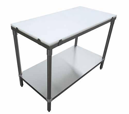 Tables Polyboard Tables STAINLESS STEEL POLYBOARD TOP WORKTABLE FEATURES 1/2" Solid Polyboard Convenient for Butchers and Commercial Kitchens Stainless Steel frame, legs and under shelf Welded leg