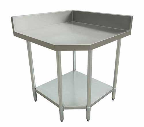 Tables Corner Worktables with Backsplash STAINLESS STEEL CORNER WORKTABLES WITH BACKSPLASH FEATURES Floor to table top height is 35 with an additional 4 rise for the backsplash Heavy duty, 18 gauge,