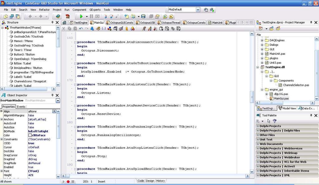 Slika 4: Grafični vmesnik razvojnega okolja Delphi 2007 Projekt v Delphi-ju je sestavljen iz projektne datoteke (Delphi Project, *.dpr) na katero so navezane datoteke enot (Units, *.