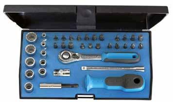 020 021 20 EMU-10 SOCKET SET 1/4" 16 pieces With forged, tempered hexagon sockets, hand-operated steel 31CrV3 With reversible lever change ratchet With accessories made from GEDORE vanadium 89, D 20