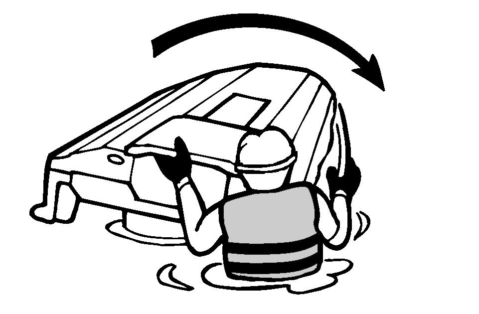 Operation (2) Swim to the rear of the watercraft. Turn the watercraft over clockwise by pulling on the ride plate with your left hand while pushing down on the gunwale with your right hand or foot.