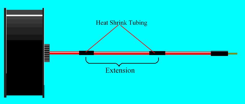 Strip ½ inch of insulation from all six wire ends Tin the bare ends Place one tinned extension wire in contact with a tinned ducted fan wire Heat with a tinned soldering iron to fuse the wires