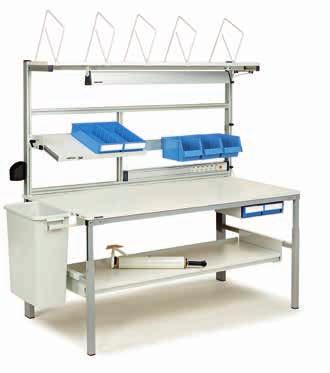 TP workbench Stepless height adjustment with allen-key between 650-900 mm. Frames are of epoxy powder coated steel in grey RAL 7035.