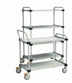 Adjustable trolley TRTA For general use in workshops, offices, production areas and hospitals. Epoxy powder coated RAL 7035 ESD shelves, depth 28 mm. All shelves are individually adjustable.