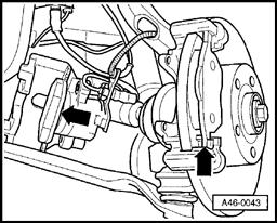 46-23 - Insert brake pad with retaining spring in brake caliper housing (piston). Note: The inner pad (with spring) has an arrow.