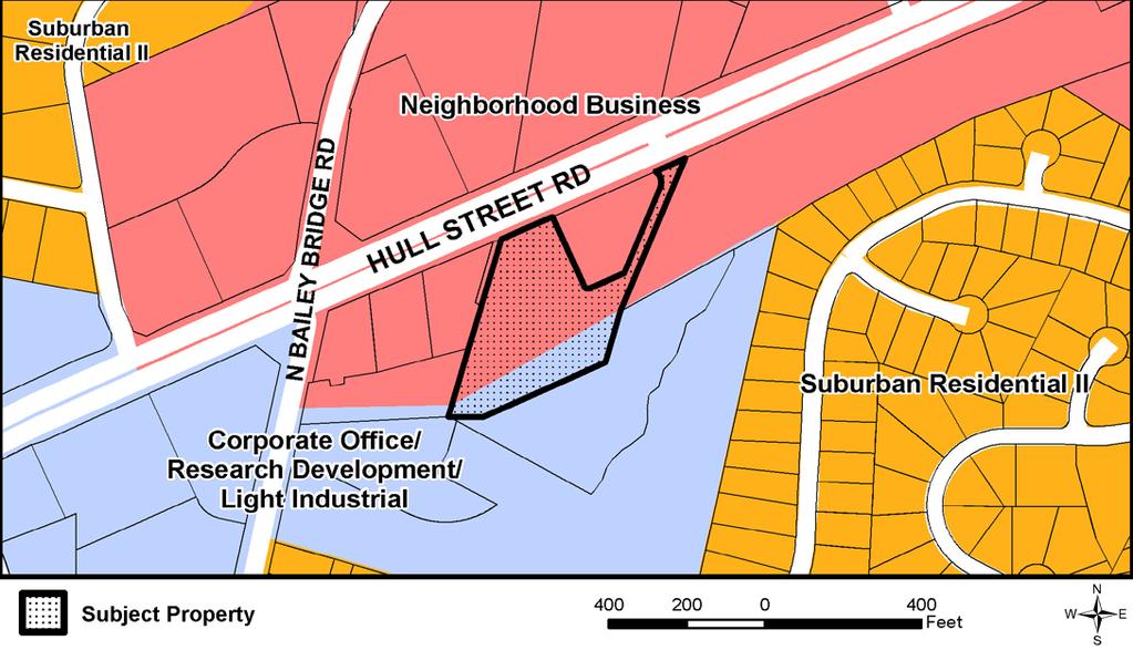 Map 2: Comprehensive Plan Classification: NEIGHBORHOOD BUSINESS (Northern majority of property) AND CORPORATE OFFICE/RESEARCH DEVELOPMENT/LIGHT INDUSTRIAL (Narrow strip along southern property