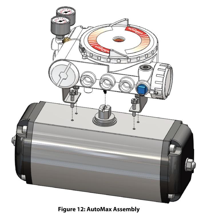 3 Mount the positioner onto the actuator using the washers and nuts. See Figure 12. 4 Connect regulated air supply to appropriate port in manifold. See section 6 TUBING.