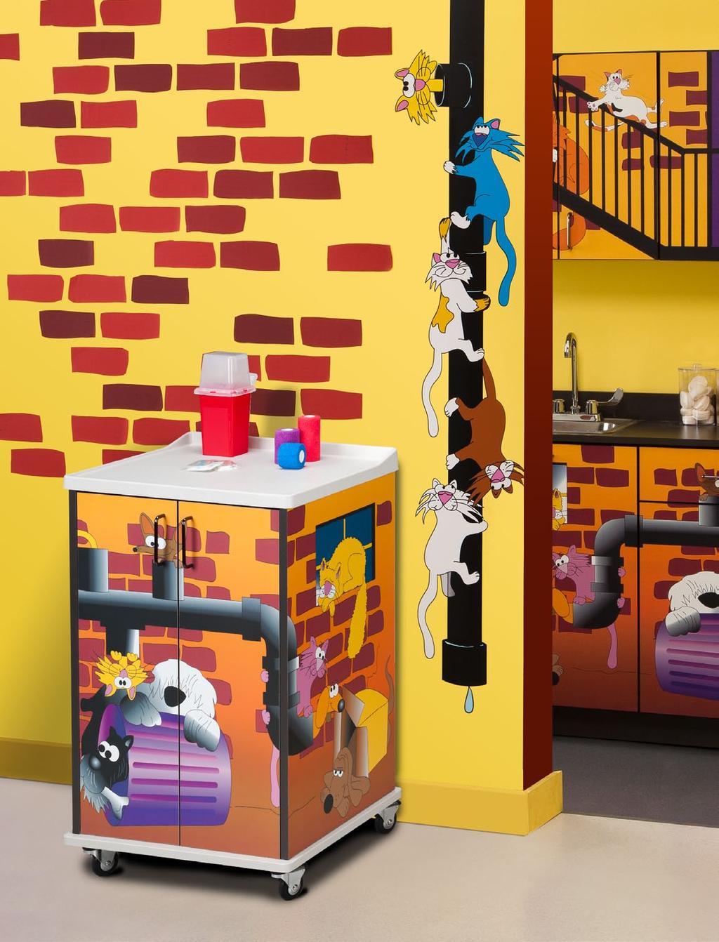Pediatric Series, Mobile, Phlebotomy Cabinets feature: Clinton Kids graphics embedded in laminate will not tear or peel Doors have soft-close hinges Large storage space with two adjustable shelves