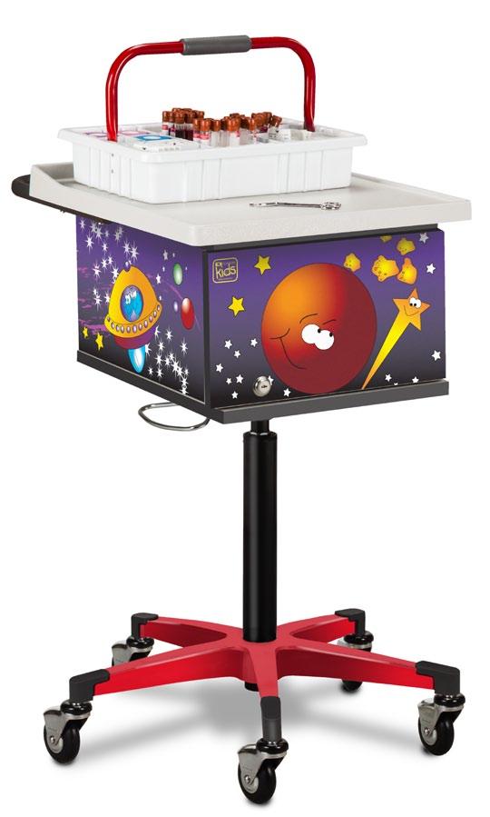 Pediatric Series, Phlebotomy Carts feature: Clinton Kids graphics embedded in laminate will not tear or peel Lockable door with soft-close hinges 67235 cabinet base diameter Pediatric/Space Place,