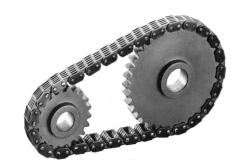 The chains articulate fully on the pin, and as such tensioners can be used on the back of the chain; also the chains can be built with sets of teeth opposed to one another for serpentine drives.