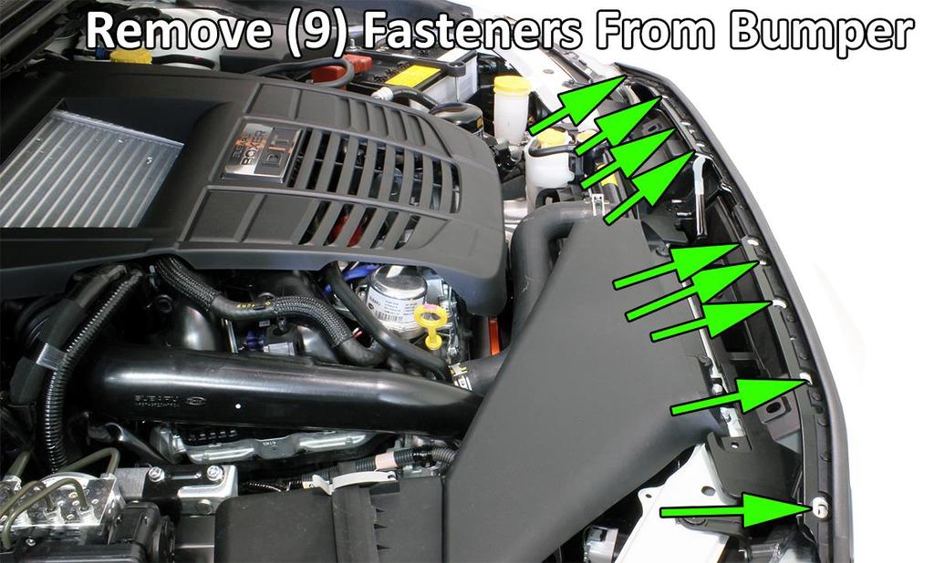 Locate (1) plastic fitting on inside of each fender well. See diagram below. c. Remove (9) fasteners on upper portion of grill. See diagram below. d. Starting at outer edges of bumper where it meets the steel fender, pull straight out.