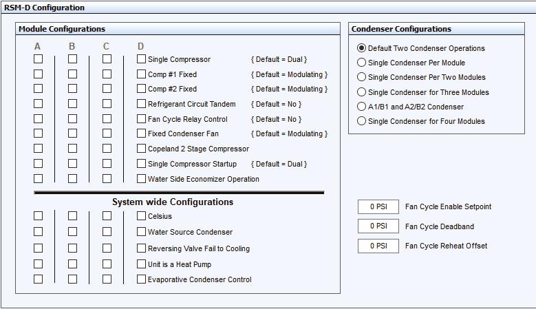 APPENDIX: CONDENSER OPTIONS Default: Two Condenser Operation Figure 7: Prism 2 Condenser Configuration RSMD Main Configuration Screen #2 - Condenser Options RSMD CONFIGURATION Condenser Options 2