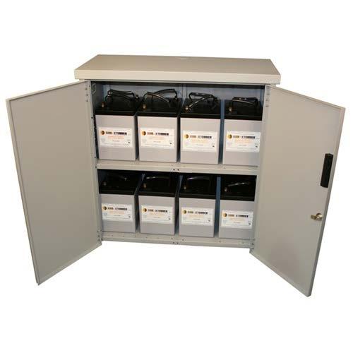 MNBE-B Battery Enclosure with locking door and one shelf. Holds eight group 31 or sealed golf cart sized batteries. Gray powder coated steel.