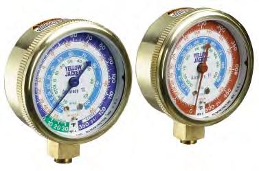 Flutterless technology with brass surge protector to minimize needle pulsation PROTECTI GAUGE BOOTS For 2-1/2" and 3-1/8" gauges Pressure scale Refrigerants 49067 F Brass pressure 0-500 psi 49068 F