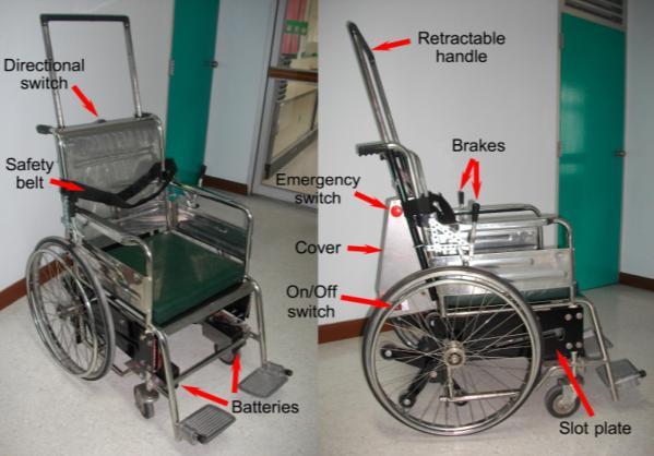 The brakes were installed on both sides of the wheelchair. A retractable handle was attached behind the backrest to provide a grip for an assistant when climbing the stair.