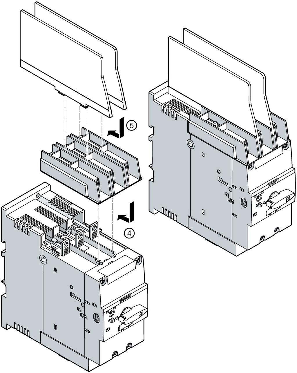 Accessories 10.7 Phase barriers / terminal block UL 60947-4-1 (UL 508) "Type E" 4 5 Slide the terminal block into the guide tabs provided on the motor starter protector.