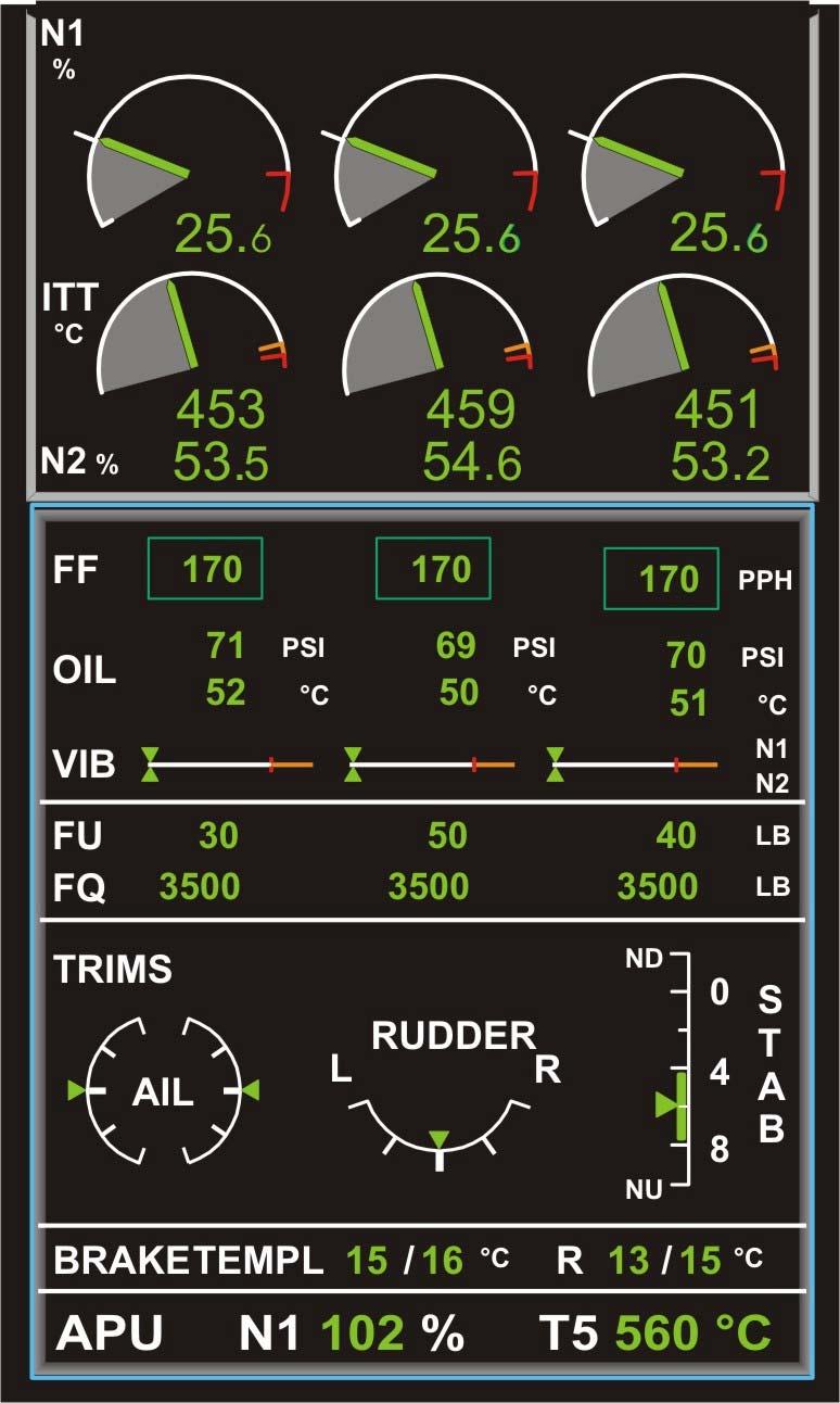APU engine parameters are displayed at the bottom of the ENG - TRM - BRK window and at the top right hand corner of the ENG Synoptic.