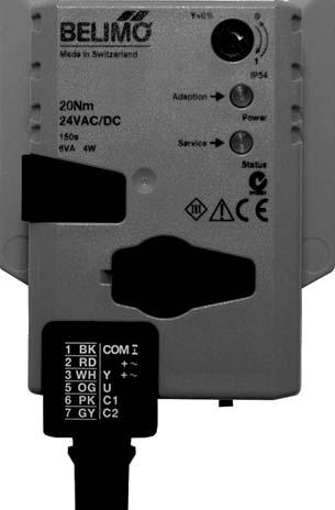 LMX24-LON LonWorks, Non-Spring Return, 24 V 4 5 1 2 3 1 Direction of rotation switch Switching over Direction of rotation changes 2 Pushbutton and green LED display Off No voltage supply or