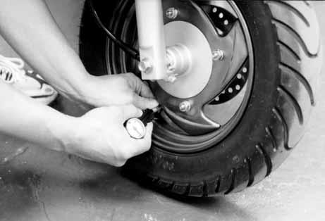(1-11) WHEELS/TIRES Check the tires for cuts, imbedded nails or other damages. Check the tire pressure. Tire pressure should be checked when tires are cold.