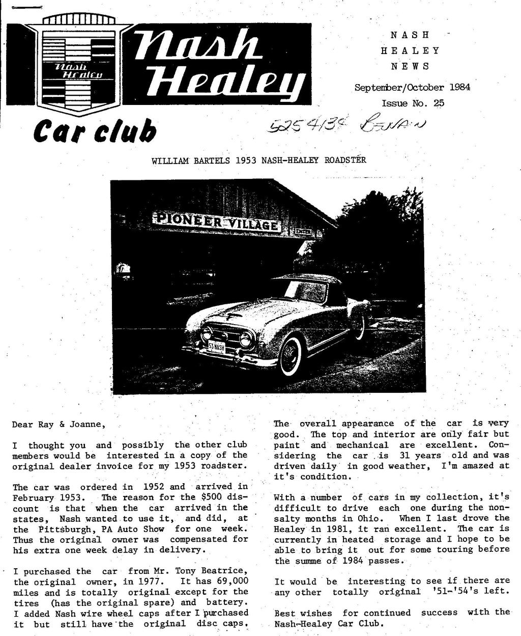 Registered owner feature The copy to the left is reproduced from an article in the 1984 issue of the Nash Healey Car Club Magazine. When Mr.