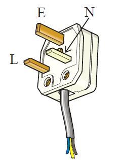 2003 Question 8 [Ordinary Level] (i) What is an electric current? (ii) Give the standard colour of the insulation on the wires connected to each of the terminals L, N and E on the plug in the diagram.