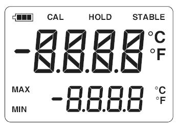 10. Display Overview Figure 4: Meter Display C/ F MIN MAX CAL HOLD STABLE Err CAL Celsius or Fahrenheit indicator. Minimum reading annunciator. Maximum reading annunciator.