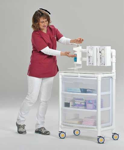 These carts are lightweight, mobile and can be placed quickly where needed in front of an isolation room or inside the air lock area.