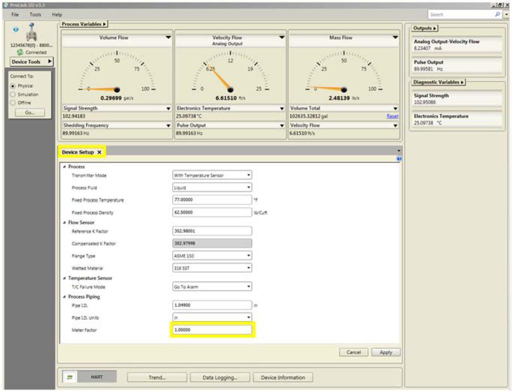 Correcting the output of the vortex meter Using ProLink III To enter the Installation Effect, select Device Tools > Configuration > Device Setup > Meter Factor. Figure 2-6: Using ProLink III 2.
