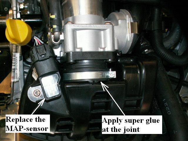 12 The stock MAP (=Manifold Air Pressure) sensor located on top of the air plenum behind the engine must be replaced by a new sensor that is made to read turbo pressure.