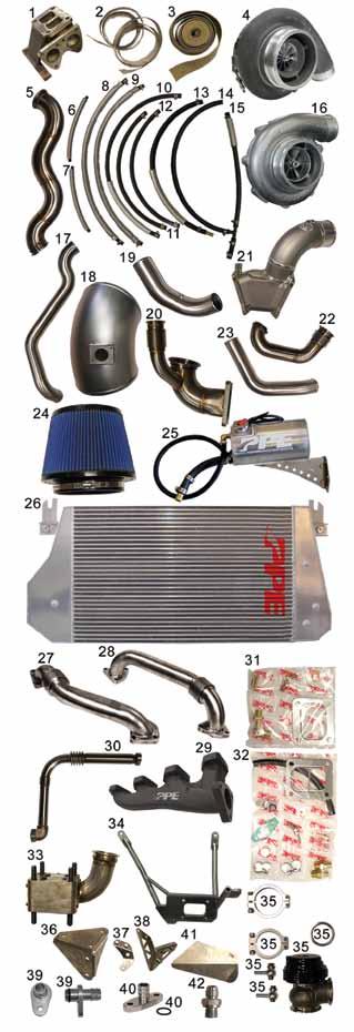 Parts List: 1. Turbo Pedestal 2. Wiring and AC heat wrap 3. Exhaust heat wrap 4. Secondary Turbo 5. Exhaust down pipe 6 and 7. waste gate hoses 8 and 9. Water lines 10. Heater lines 11 and 12.