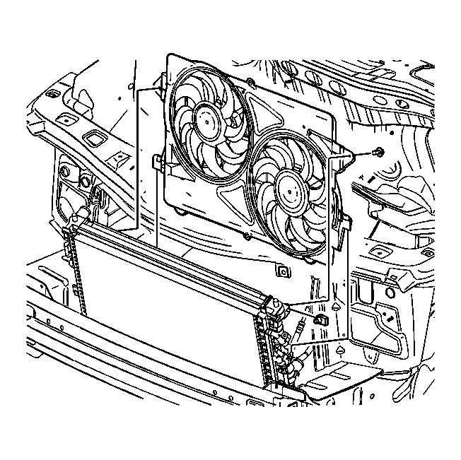 Fig. 51: View Of Fan Assembly & Bolts 1. Install the fan assembly to the radiator by guiding the lower tabs into the corresponding hooks on the radiator.