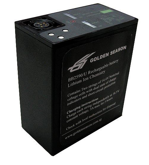 BB-2590/U Battery Pack High performance Li-Ion rechargeable battery pack and High energy density. Dimension: 112.5mm x 63mm x 127mm 1.4kg Max Voltage: 16.8v or 33.6v Typical Voltage: 14.4v or 28.