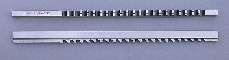Broaching uses a toothed tool to remove material.