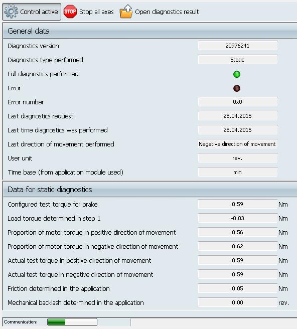 6 Startup Brake diagnostics as CCU function module Detailed result data of static brake diagnostics The following figure shows an example of the detailed result data of static brake diagnostics.