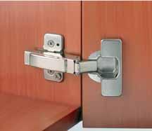 Concealed Hinges Blum Clip Top, opening angle 107 Material: Steel cup and hinge arm Finish: Nickel plated Cup fixing: Screw fixing Installation: Door to cabinet without tools (Clip system) Adjusting