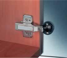 Concealed Hinges Blum Clip Top Glass hinge, opening angle 94 Material: Plastic cup, steel hinge arm Finish: Black cup, nickel plated hinge arm Cup fixing: Screw fixing Installation: Door to cabinet