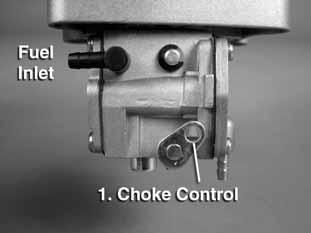 Functions and Adjustments 1. Choke Control (the choke control is used under the circumstance of cold start-up) 2. Throttle Control 3. Idle Adjustment Screw (adjust the idle speed) 4.