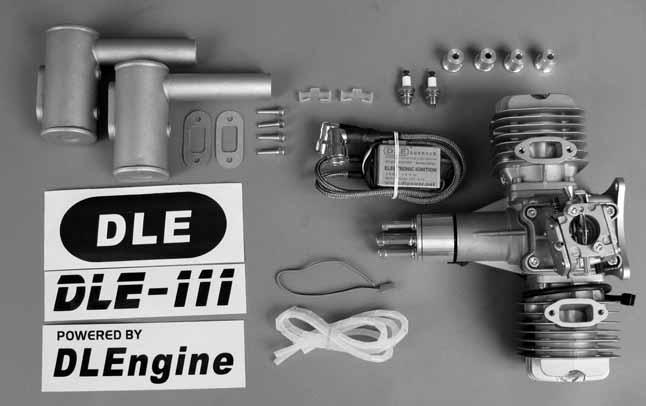 Parts List (1) DLE-111cc Gas Engine w/carburetor (2) CM6 Spark Plugs (2) Mufflers w/gasket (4) 5x20mm SHCS (muffler mounting) (1) Electronic Ignition Module with additional tachometer lead (4) Engine