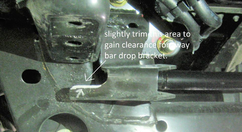 Special note: the sway bar drop bracket on the passenger side may contact the OE steering stabilizer bracket, if this is the case you will need to trim the steering stabilizer bracket slightly to