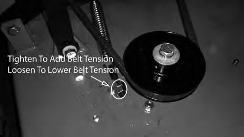 Spring tension adjustments can be made by sliding the bolt shown above forward or backward in the slot of the deck. Belt tension should be 0- lbs.
