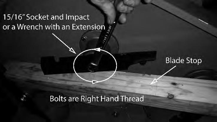 You might need to put a ¾ wrench on top of the pulley bolt to keep the blade from spinning. Bolts used have right-handed threads.