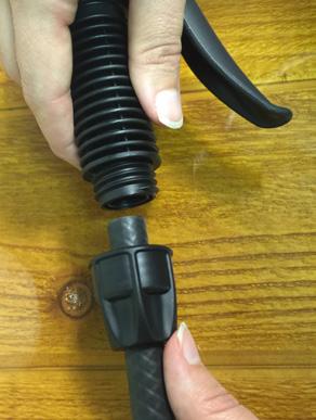[Figure 3 & 4] 4. Take the spray handle (D), slide it onto the exposed end of the barbed hose fitting and tightly screw it to the spray handle cap nut (I) (black).